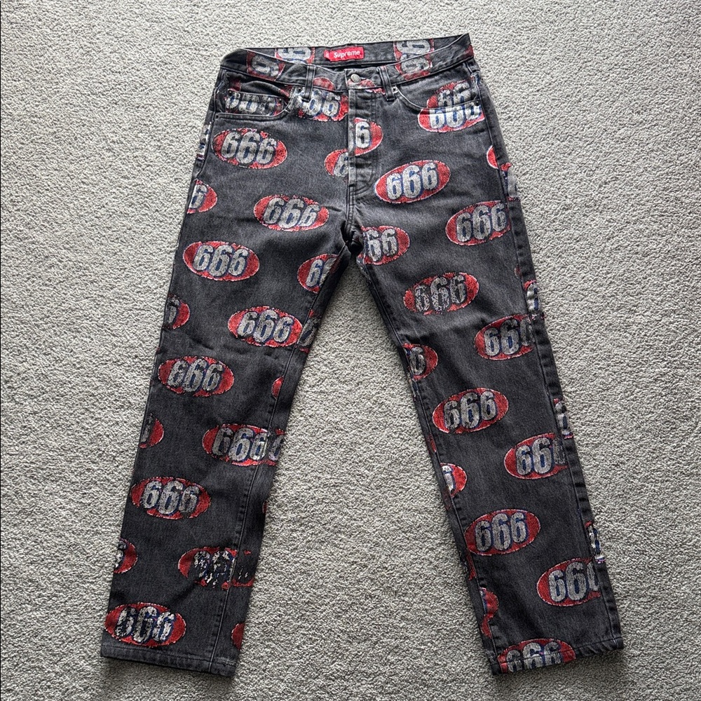 Supreme Black Denim Jeans with Red and White 666 Allover Print